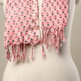  Block Print Cotton Pink Sanganeri Stole with Tassels