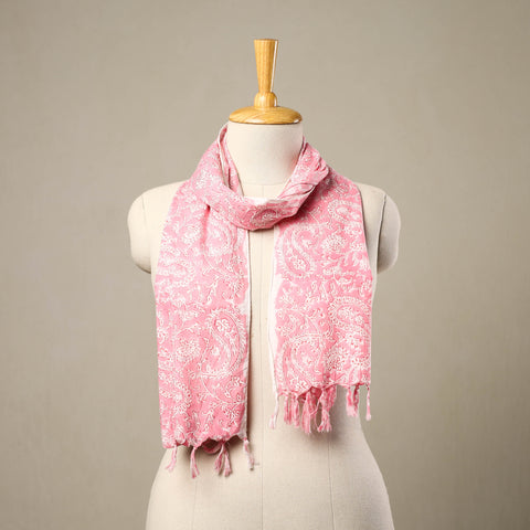 Buy Block Print Cotton Pink Sanganeri Stole with Tassels