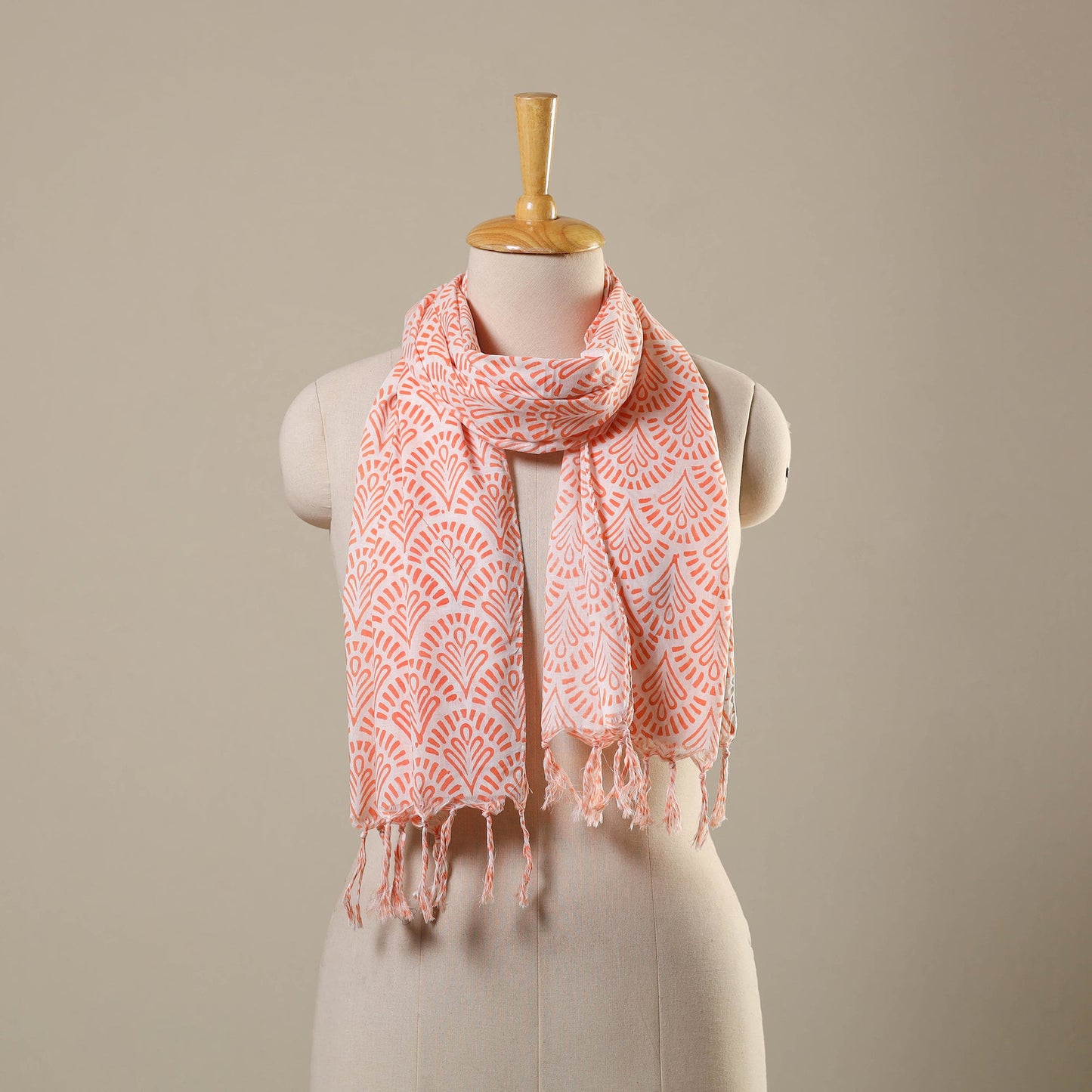 Pink Block Print Cotton Sanganeri Stole with Tassels