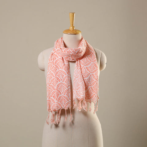 Pink Block Print Cotton Sanganeri Stole with Tassels