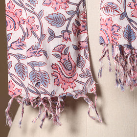 Pink - cotton sanganeri stole with tassels 19 - handcrafted