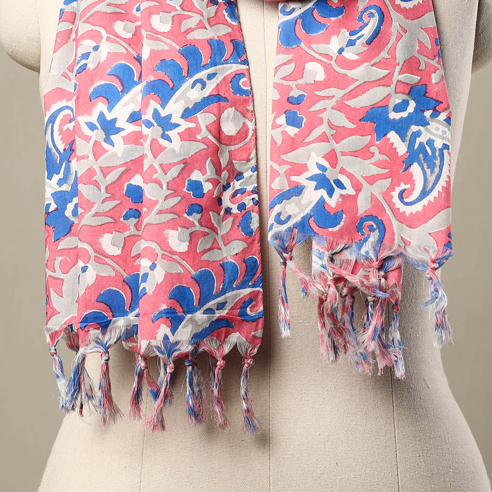 Block Print Cotton Pink Sanganeri Stole with Tassels