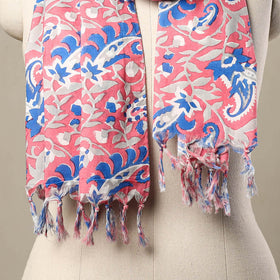  Block Print Cotton Pink Sanganeri Stole with Tassels