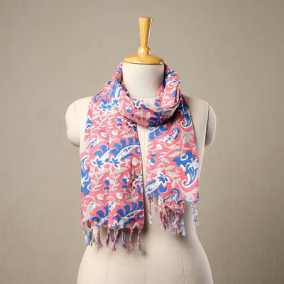  Block Print Cotton Pink Sanganeri Stole with Tassels