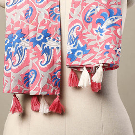  Block Print Cotton Pink Sanganeri Stole with Tassels