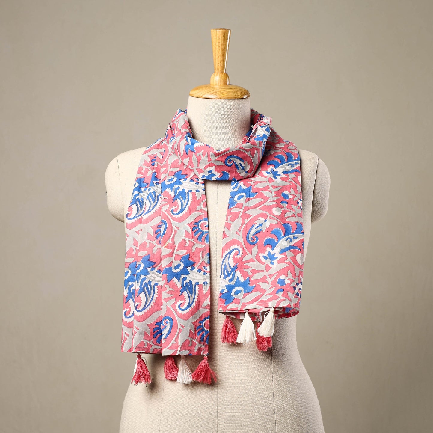  Block Print Cotton Pink Sanganeri Stole with Tassels