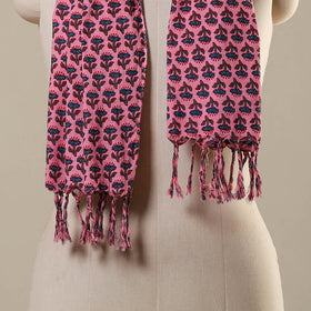 Pink Block Print Cotton Sanganeri Stole with Tassels