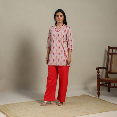 Pink - cotton short pochampally ikat kurta with embroidery