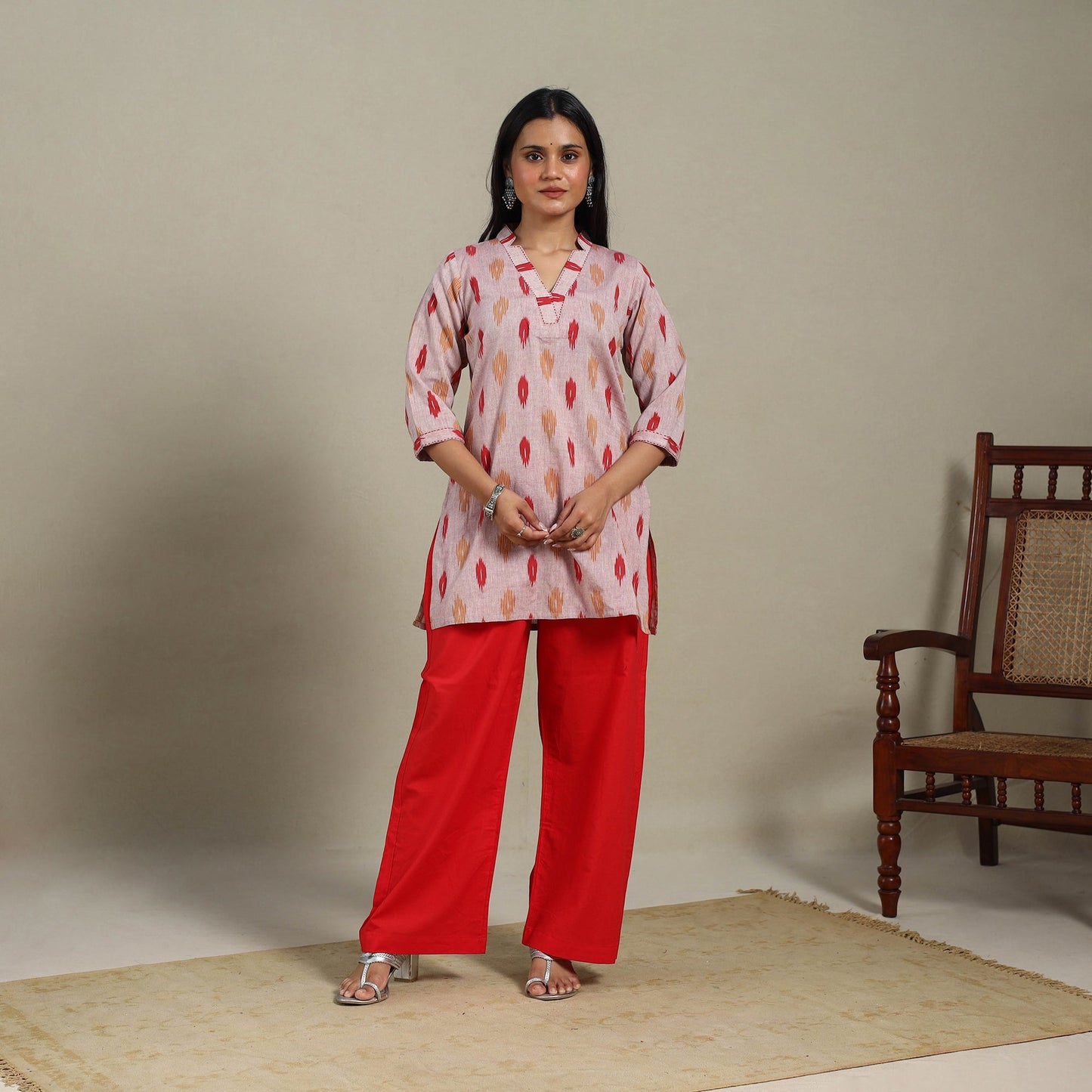 Pink - cotton short pochampally ikat kurta with embroidery