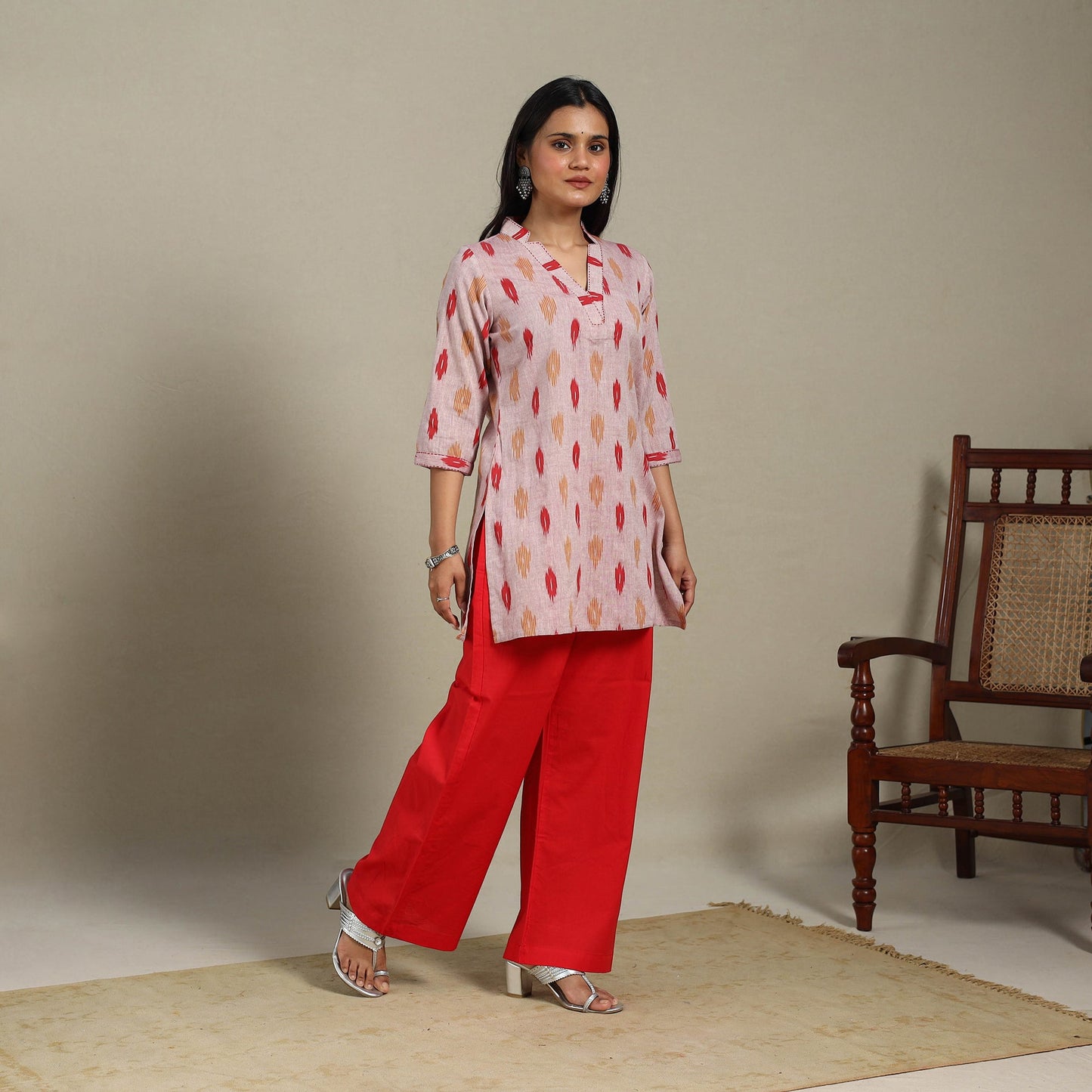 Pink - cotton short pochampally ikat kurta with embroidery