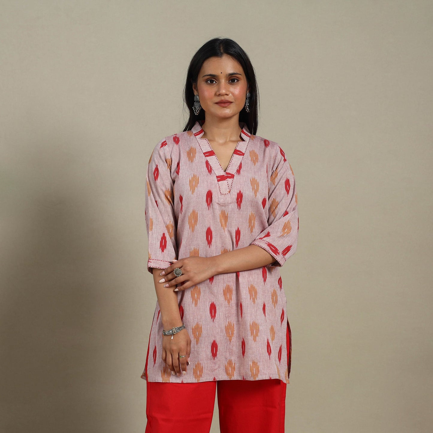 Pink - cotton short pochampally ikat kurta with embroidery