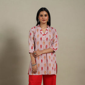 Pink - cotton short pochampally ikat kurta with embroidery