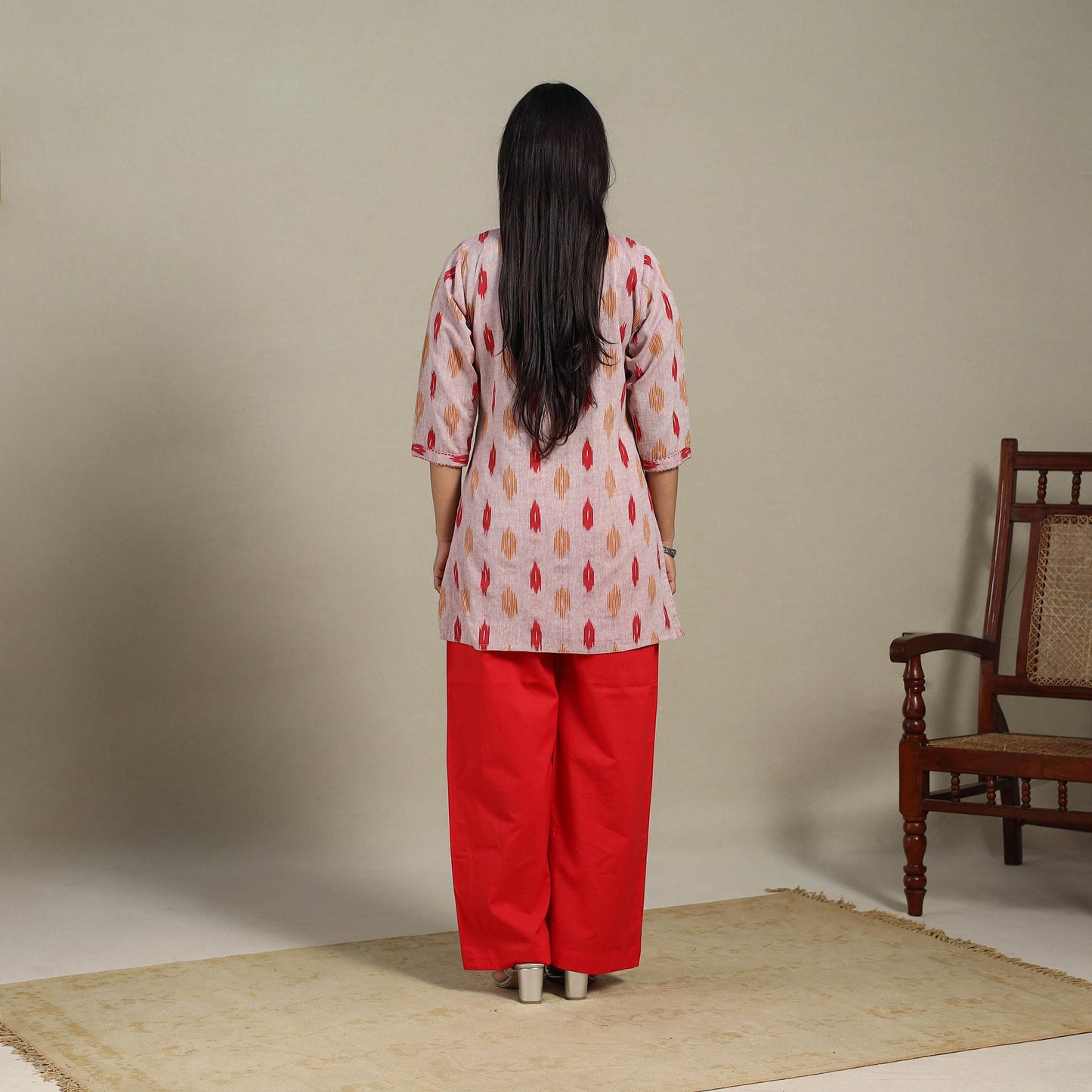 Pink - cotton short pochampally ikat kurta with embroidery