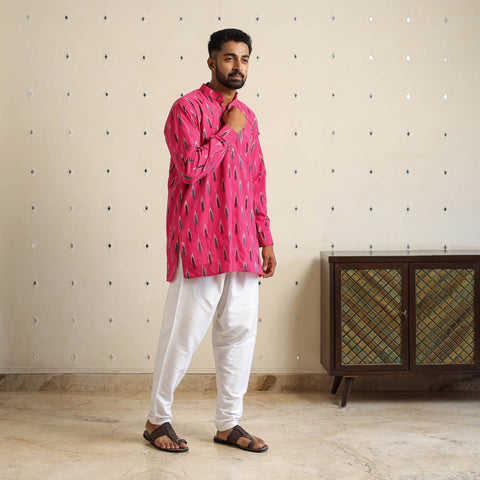  Pink Cotton Short Pochampally Ikat Kurta for Men
