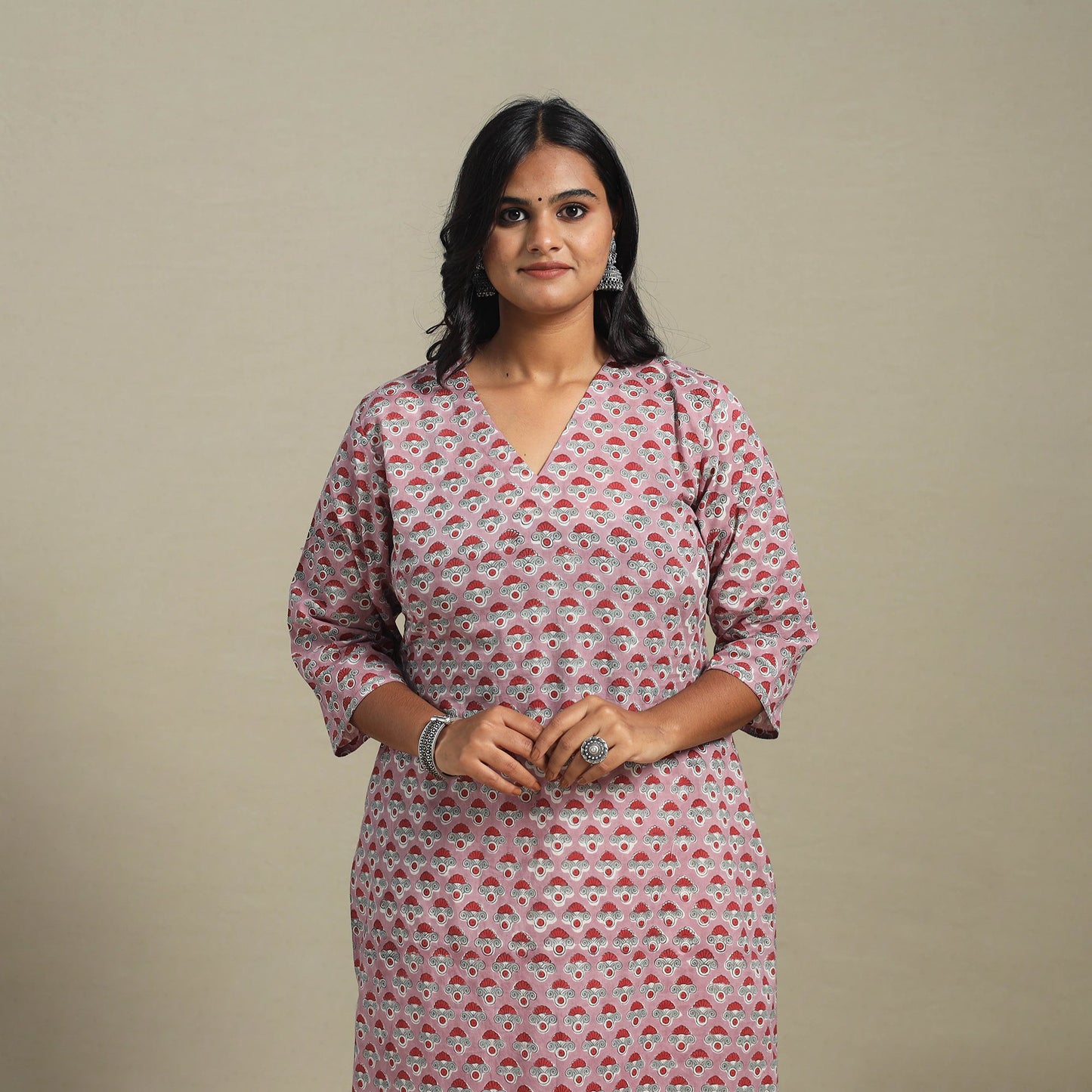 Pink Block Print Cotton Straight Sanganeri Kurta