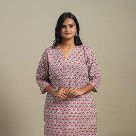 Pink Block Print Cotton Straight Sanganeri Kurta