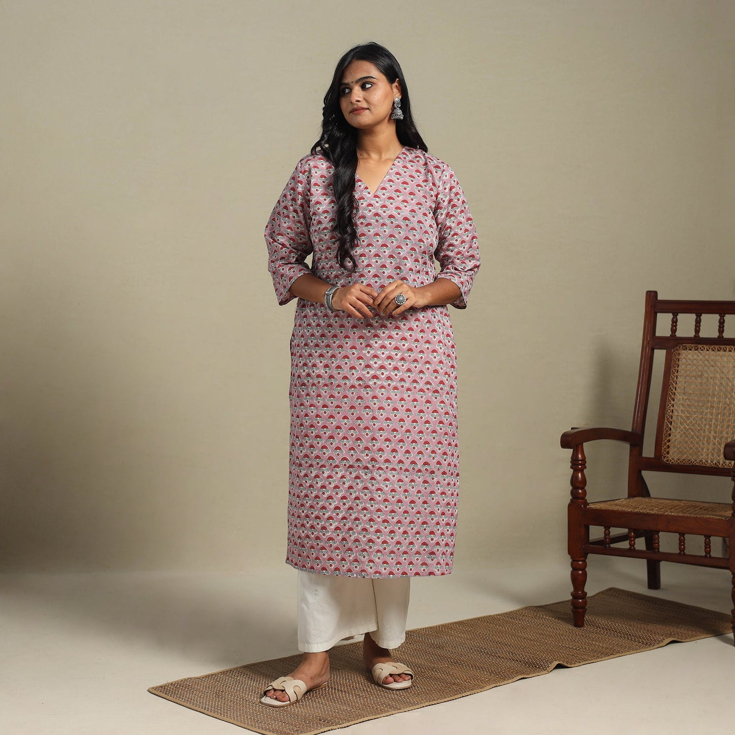Pink Block Print Cotton Straight Sanganeri Kurta