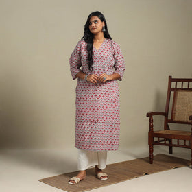 Pink Block Print Cotton Straight Sanganeri Kurta