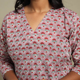 Pink Block Print Cotton Straight Sanganeri Kurta