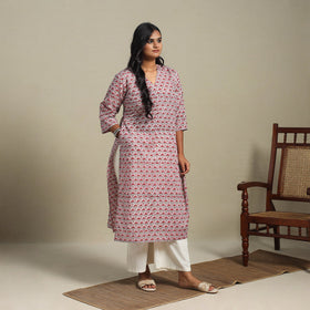 Pink Block Print Cotton Straight Sanganeri Kurta