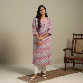 Pink Block Print Cotton Straight Sanganeri Kurta