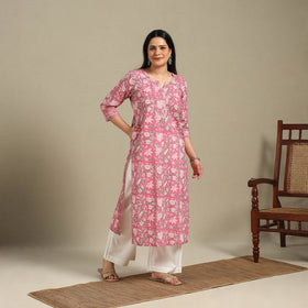Pink - cotton straight sanganeri kurta 06 - handcrafted