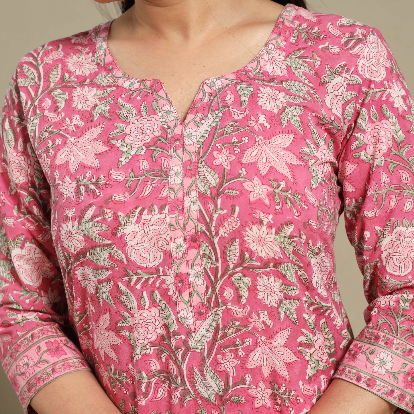 Pink - cotton straight sanganeri kurta 06 - handcrafted