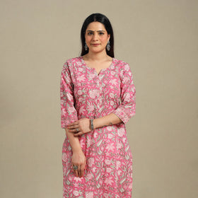 Pink - cotton straight sanganeri kurta 06 - handcrafted