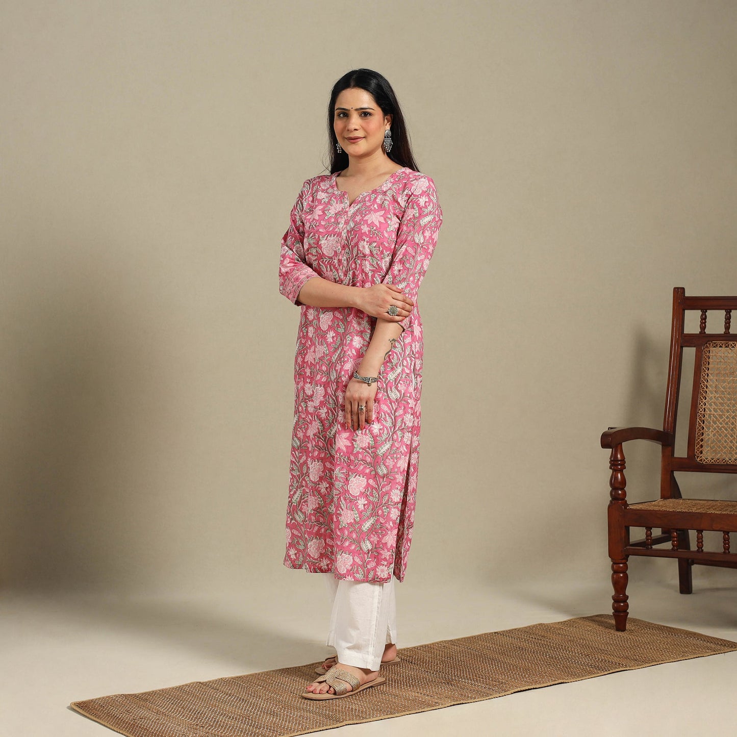Pink - cotton straight sanganeri kurta 06 - handcrafted