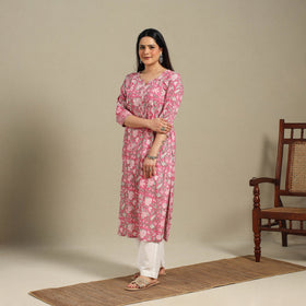 Pink - cotton straight sanganeri kurta 06 - handcrafted
