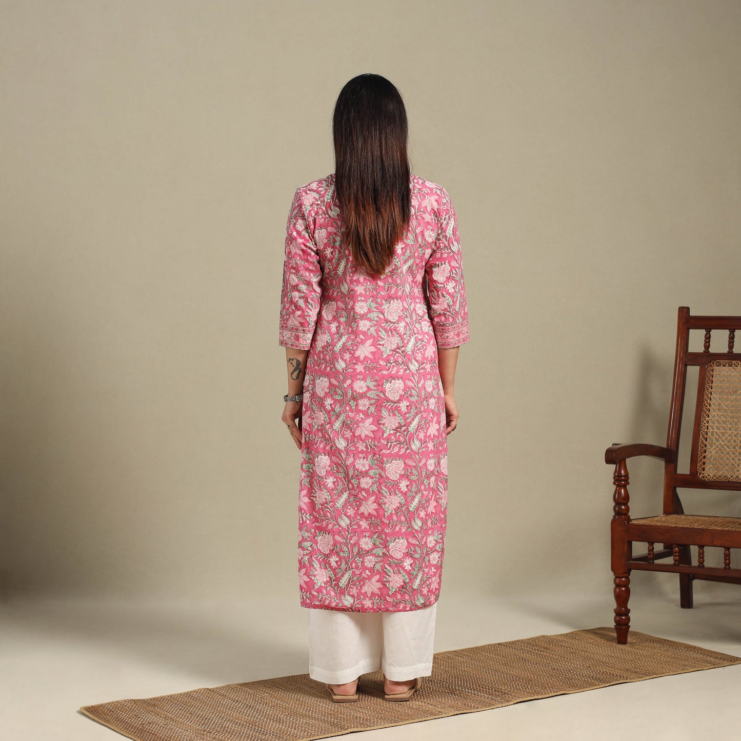Pink - cotton straight sanganeri kurta 06 - handcrafted