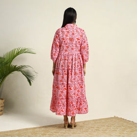 Buy Pink Block Print Cotton Tiered Sanganeri Dress 