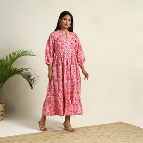 Buy Pink Block Print Cotton Tiered Sanganeri Dress 