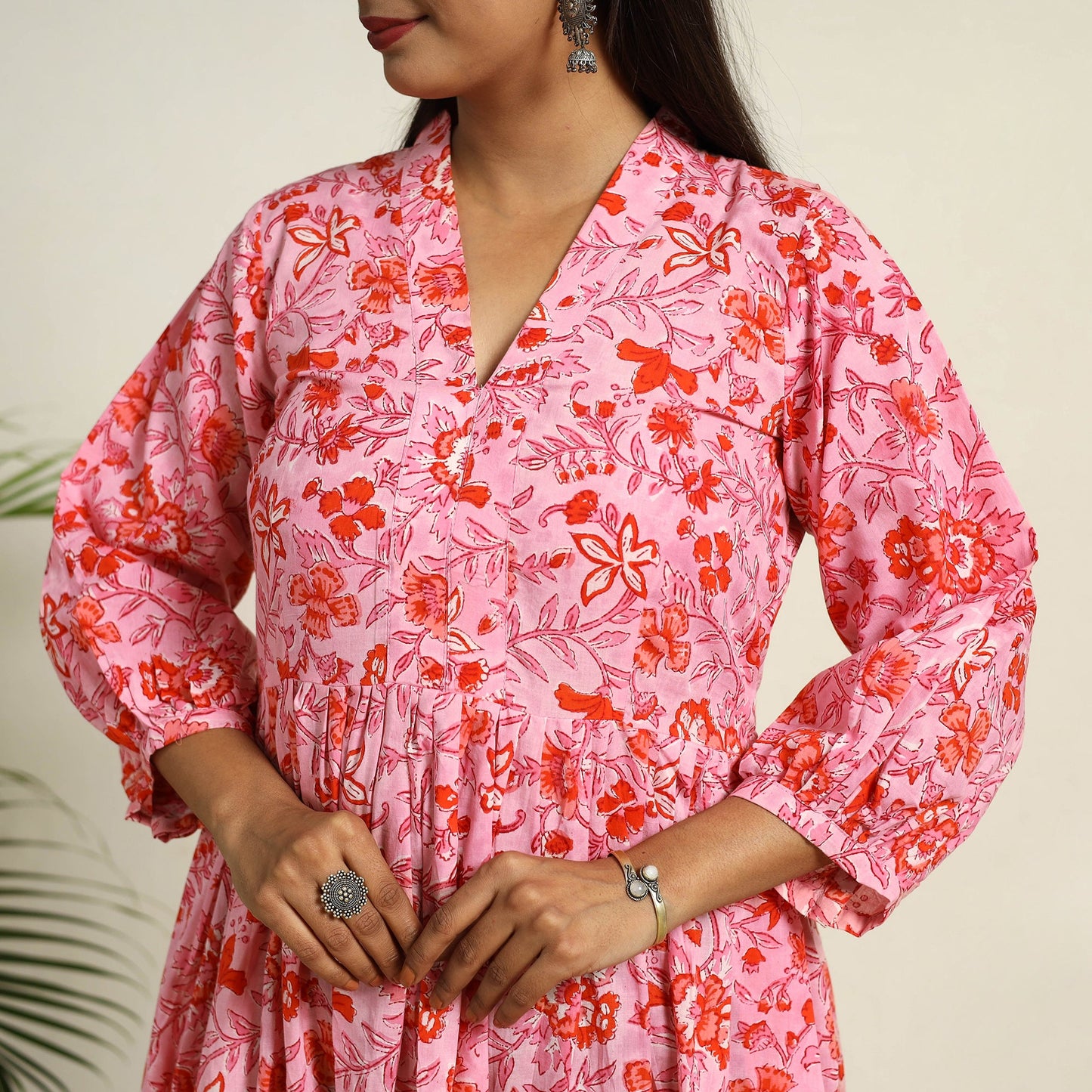 Buy Pink Block Print Cotton Tiered Sanganeri Dress 