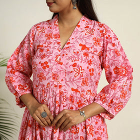 Buy Pink Block Print Cotton Tiered Sanganeri Dress 