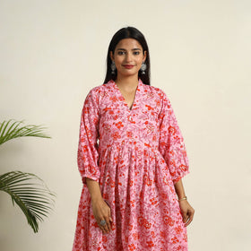 Buy Pink Block Print Cotton Tiered Sanganeri Dress 
