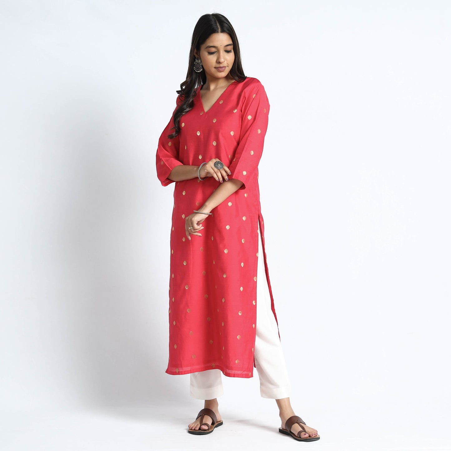  Polka Zari Buti Spun Dupion Silk Long Kurta 