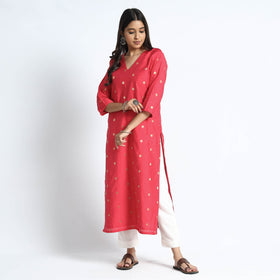  Polka Zari Buti Spun Dupion Silk Long Kurta 