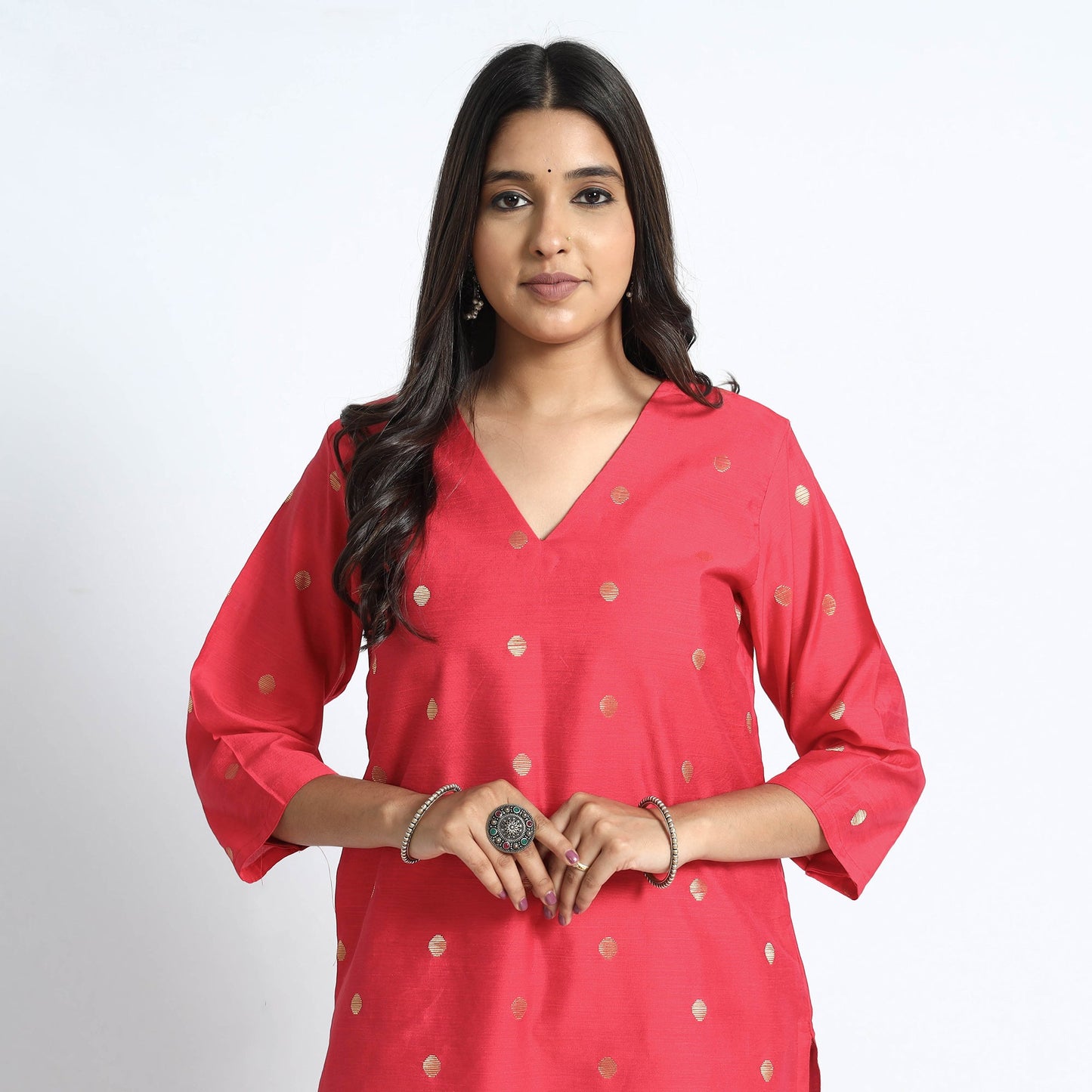  Polka Zari Buti Spun Dupion Silk Long Kurta 