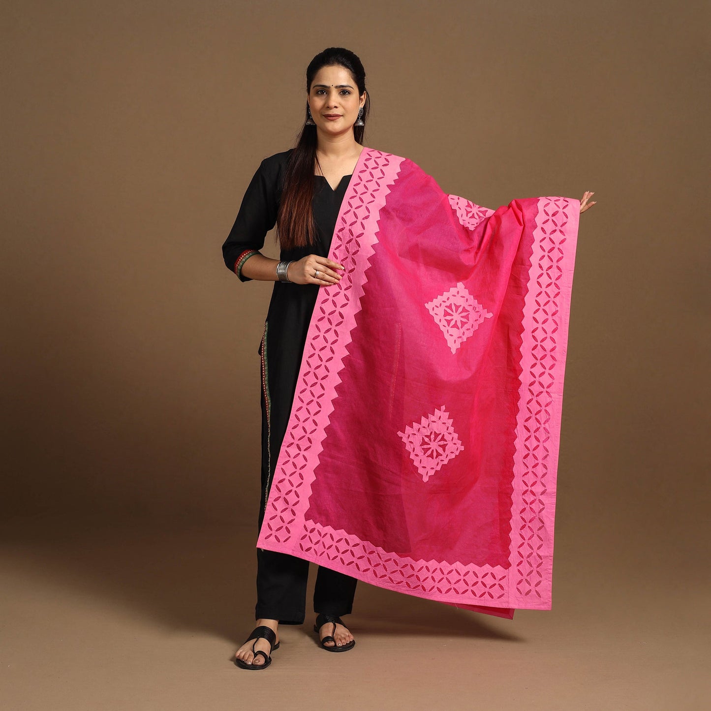 Pink - Cutwork Cotton Barmer Applique Dupatta 03