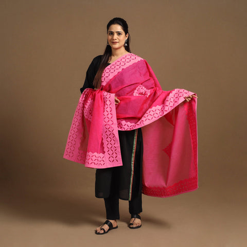 Pink - Cutwork Cotton Barmer Applique Dupatta 03