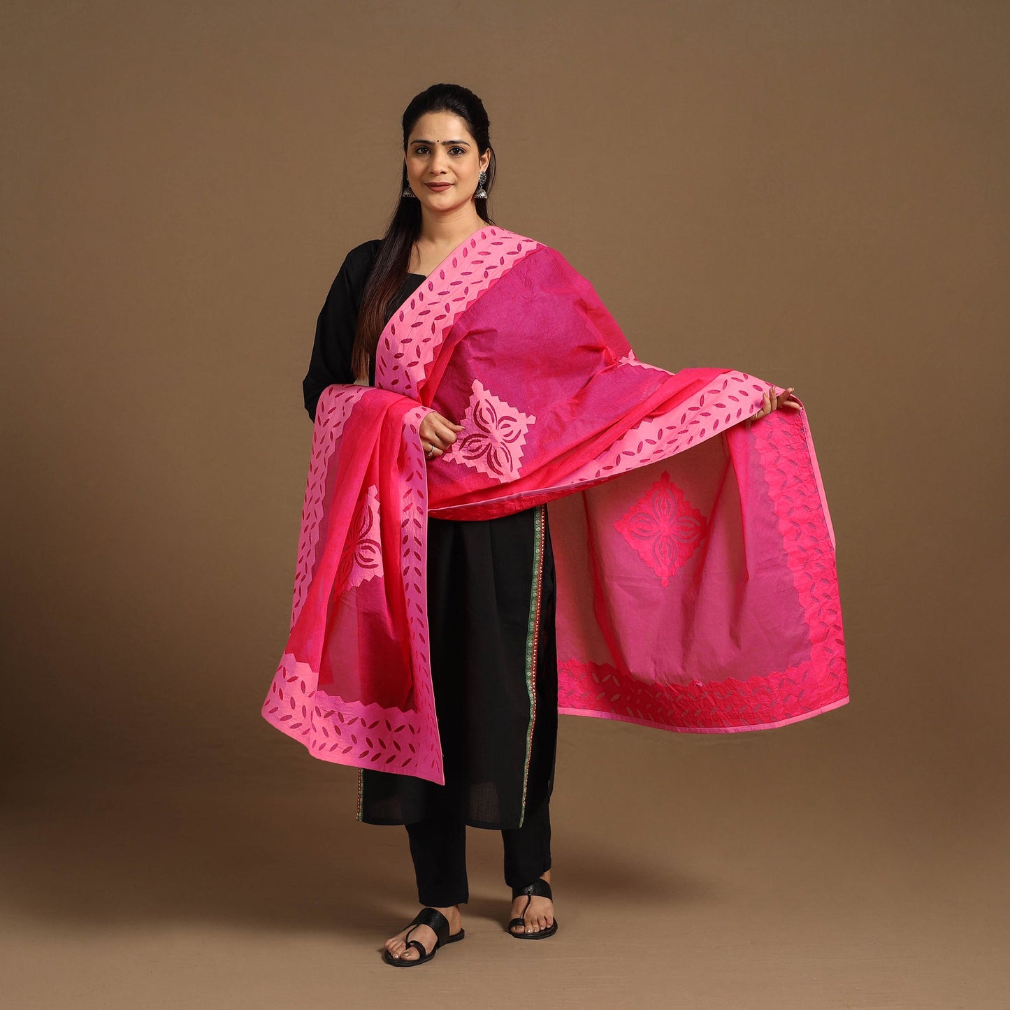 Buy Cutwork Cotton Pink Barmer Applique Dupatta