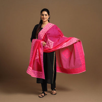 Buy Cutwork Cotton Pink Barmer Applique Dupatta