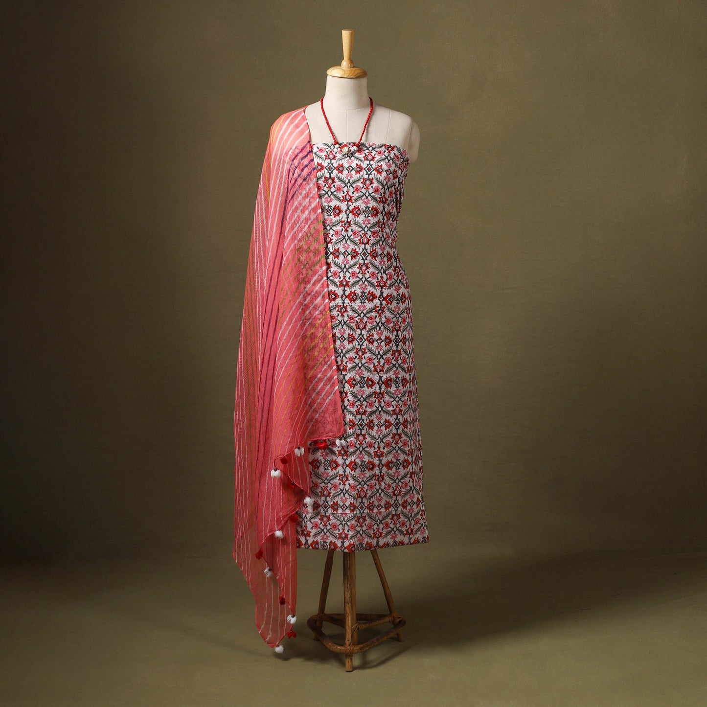 Pink Designer! Block Print Cotton Dress Material with Jewellery Set