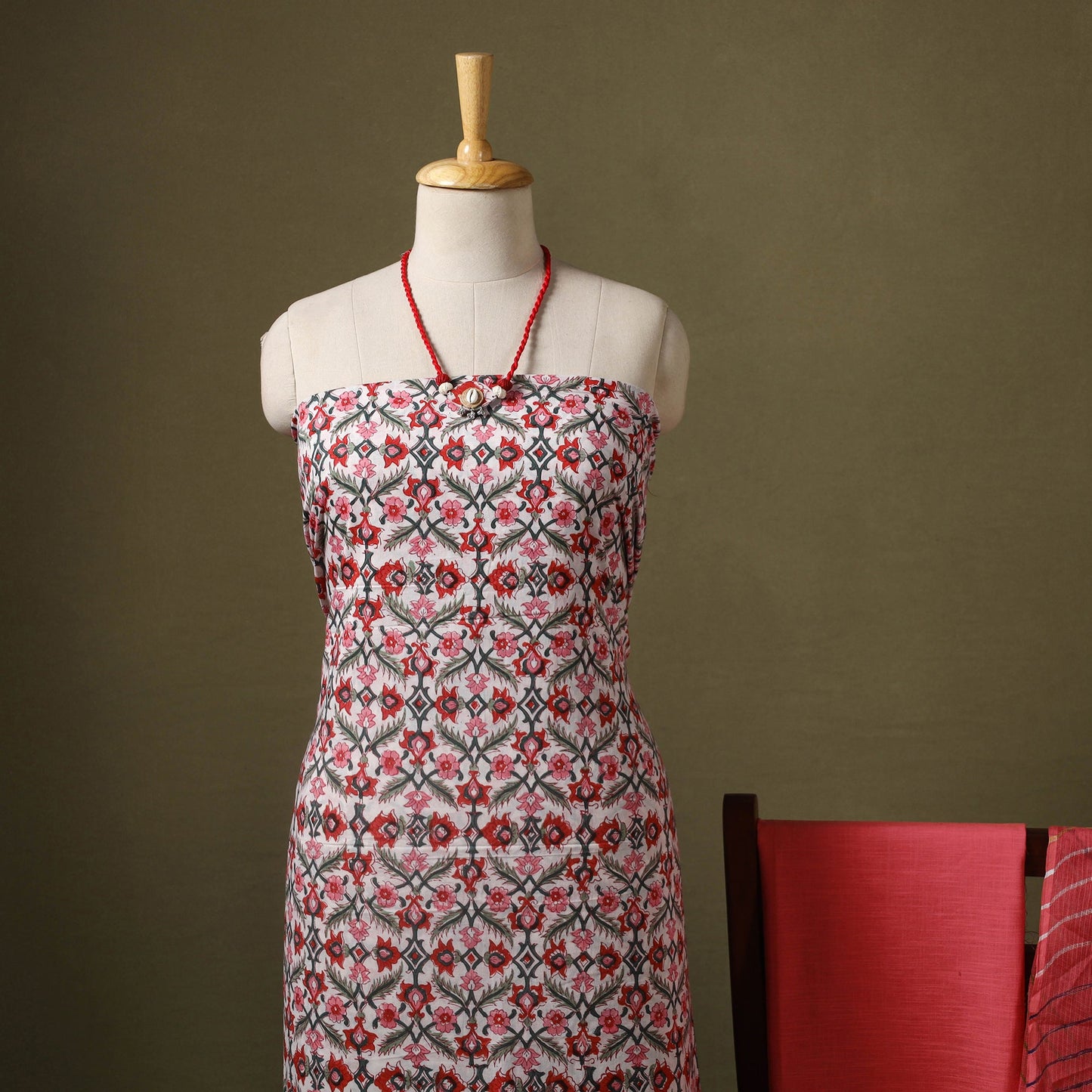 Pink Designer! Block Print Cotton Dress Material with Jewellery Set