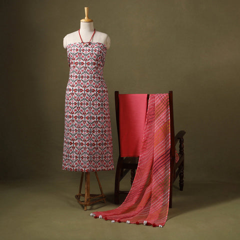 Pink Designer! Block Print Cotton Dress Material with Jewellery Set