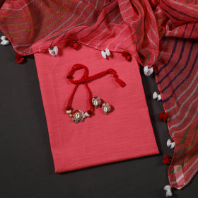 Pink Designer! Block Print Cotton Dress Material with Jewellery Set