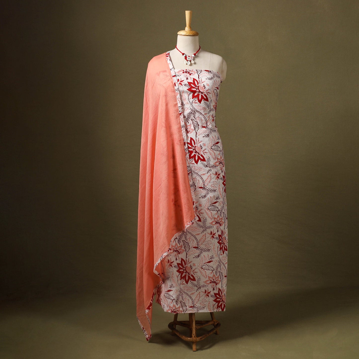 Pink Designer! Block Print Cotton Dress Material with Jewellery Set 