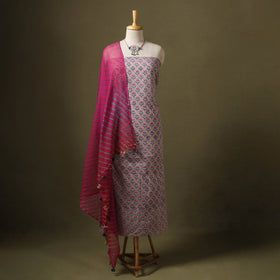 Pink Designer! Block Print Cotton Dress Material with Jewellery Set