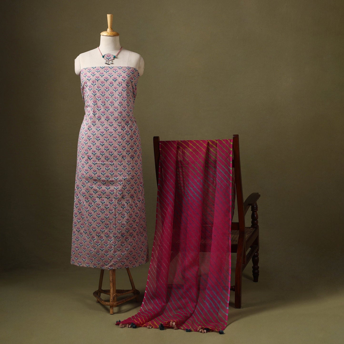 Pink Designer! Block Print Cotton Dress Material with Jewellery Set